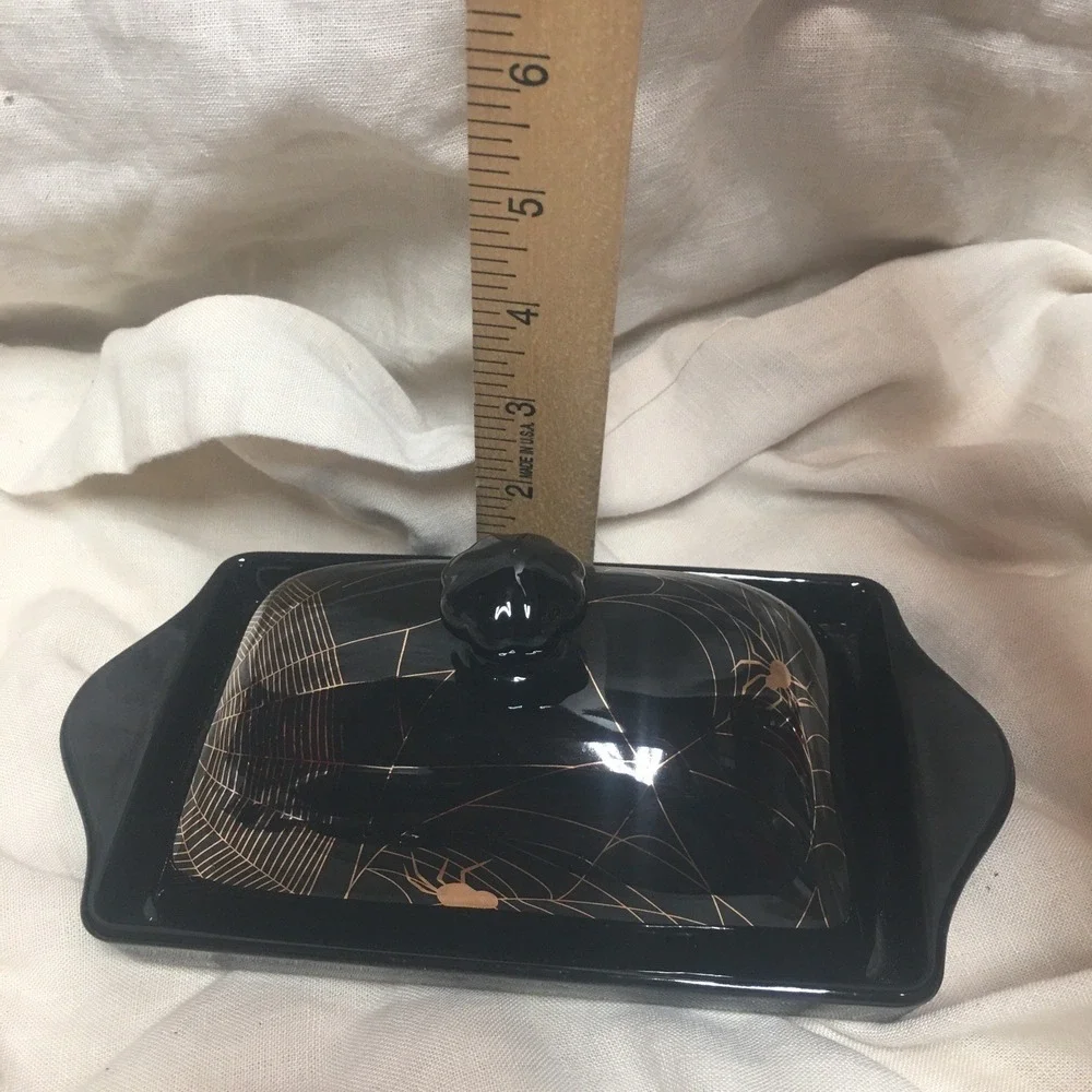 Park Chateau Spooky Ceramic Halloween Black Butter Dish With Gold Spiders & Webs